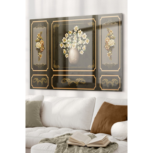 Gold Işlemeli Vintage Çiçek | Çiçek Temalı Cam Tablo