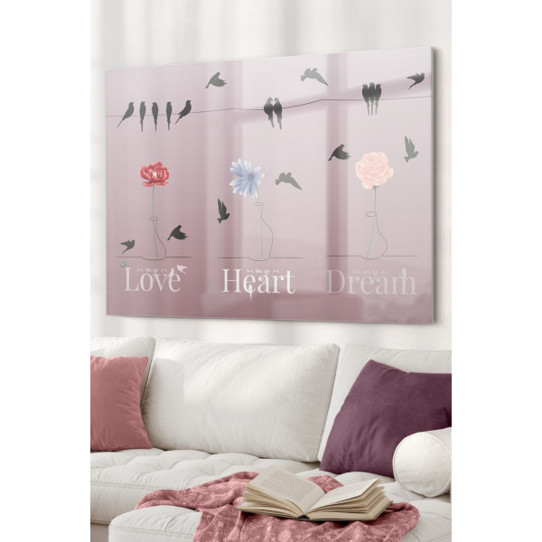 Çiçek Ve Kuşlar Love Heart Dream| Hayvan Temalı Cam Tablo