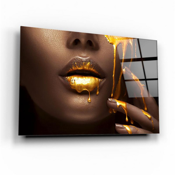 Gold Kadın Dudağı Cam Tablo Gold Kadın Dudağı Cam Tablo