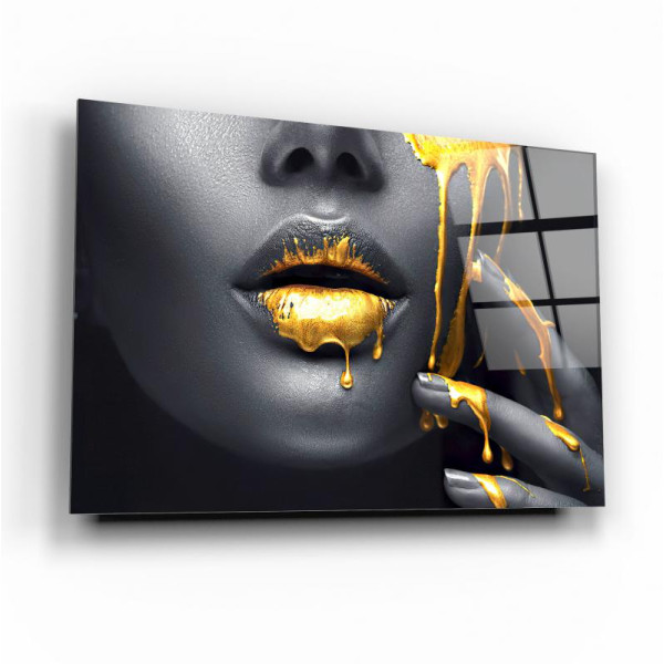 Gold Kadın Dudağı Cam Tablo Gold Kadın Dudağı Cam Tablo
