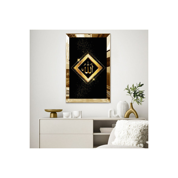 Gold Aynalı Pleksi Çerçeveli Siyah Arka Planlı Altın Pırıltılı Altın Allah Lafzı Mdf Tablo