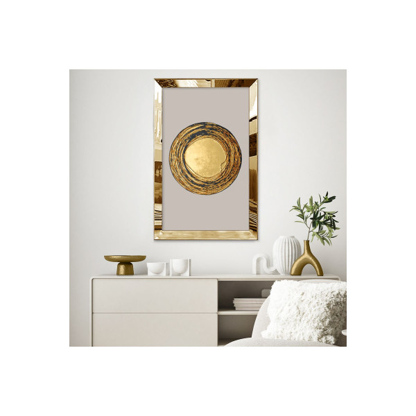 Gold Aynalı Pleksi Çerçeveli Beyaz Arka Planlı Gold Daire Görseli Mdf Tablo
