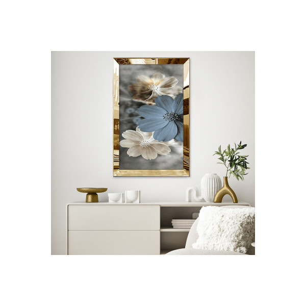 Gold Aynalı Pleksi Çerçeveli Modern Gri Sarı Çiçek Desenli Soyut Çizim Mdf Tablo