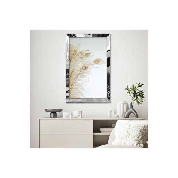 Gümüş Aynalı Pleksi Çerçeveli Minimalist Beyaz Altın Sarısı Tavus Kuş Tüylü Soyut Çizim Mdf Tablo