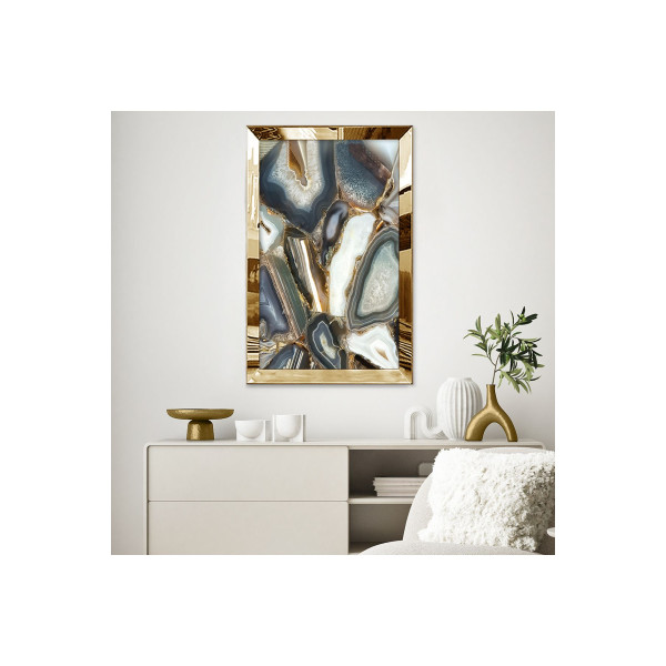 Gold Aynalı Pleksi Çerçeveli Modern Siyah Beyaz Gri Mermer Desenlili Soyut Çizim Mdf Tablo