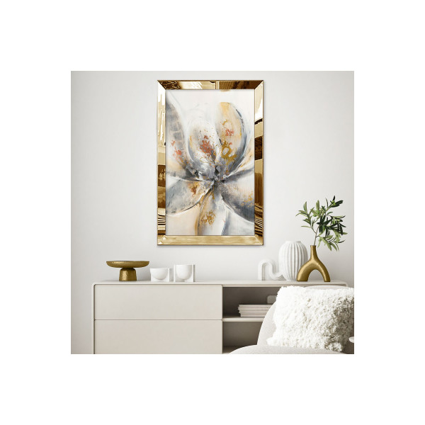 Gold Aynalı Pleksi Çerçeveli Minimalist Beyaz Kahverengi Gri Çiçek Desenlili Soyut Çizim Mdf Tablo