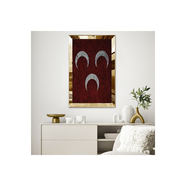 Gold Aynalı Pleksi Çerçeveli Modern Kırmızı Beyaz Hilal Ay Desenlili Soyut Çizim Mdf Tablo