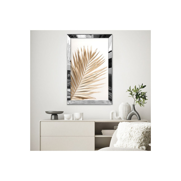 Gümüş Aynalı Pleksi Çerçeveli Minimalist Beyaz Altın Sarısı Palmiye Desenli Soyut Çizim Mdf Tablo