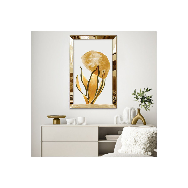 Gold Aynalı Pleksi Çerçeveli Minimal Altın Renkli Yaprak Mdf Tablo