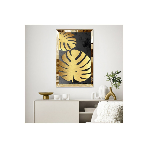 Gold Aynalı Pleksi Çerçeveli Altın Renkli Modern Çiçek Mdf Tablo
