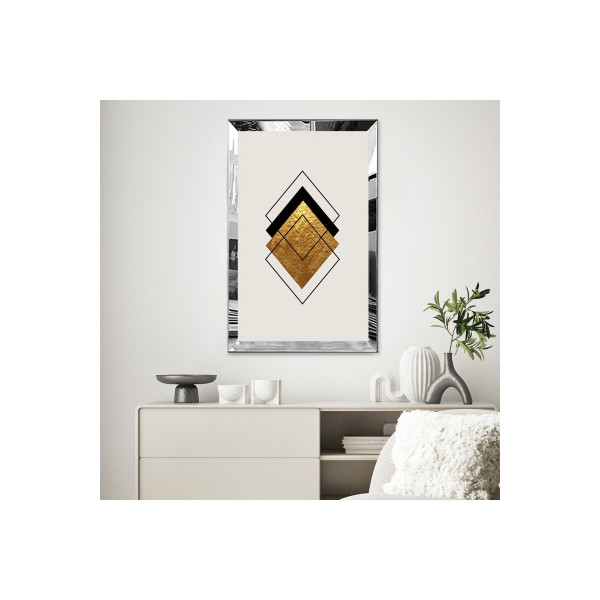 Gümüş Aynalı Pleksi Çerçeveli Minimal Tarzda Siyah Ve Altın Renkli Geometrik Tasarım Mdf Tablo