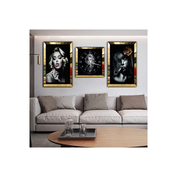 Gold Aynalı Pleksi Çerçeveli Marilyn Monroe Aynalı Li Üçlü Mdf Tablo Seti Ve Saat Seti