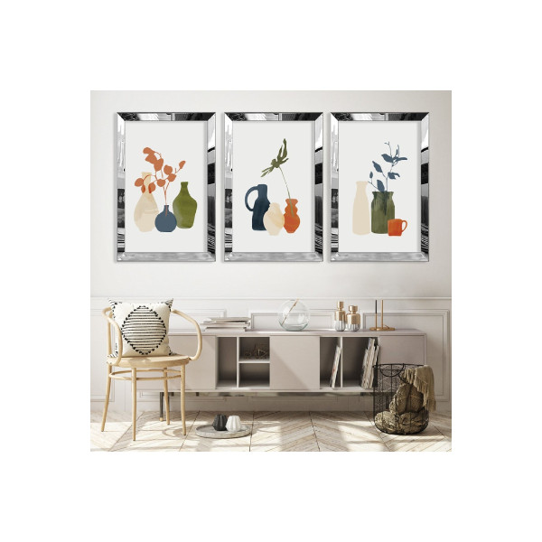 Gümüş Aynalı Pleksi Çerçeveli Minimalist Üçlü Soyut Desen Üçlü Mdf Tablo Seti