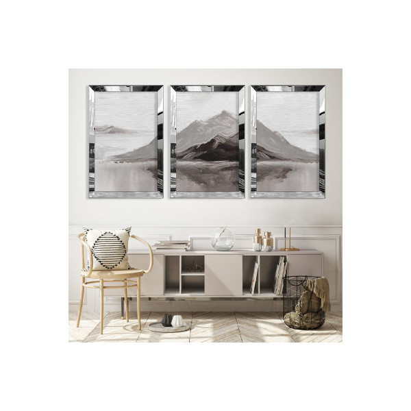 Gümüş Aynalı Pleksi Çerçeveli Minimalist Dağ Manzara Desenli Soyut Üçlü Mdf Tablo Seti