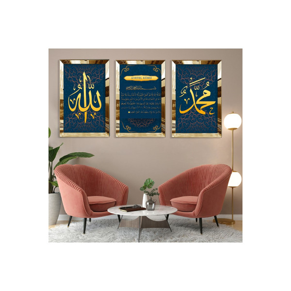 Gold Aynalı Pleksi Çerçeveli Ayetel Kürsi Allah Ve Haz Muhammed Lafzı Üçlü Mdf Tablo Seti