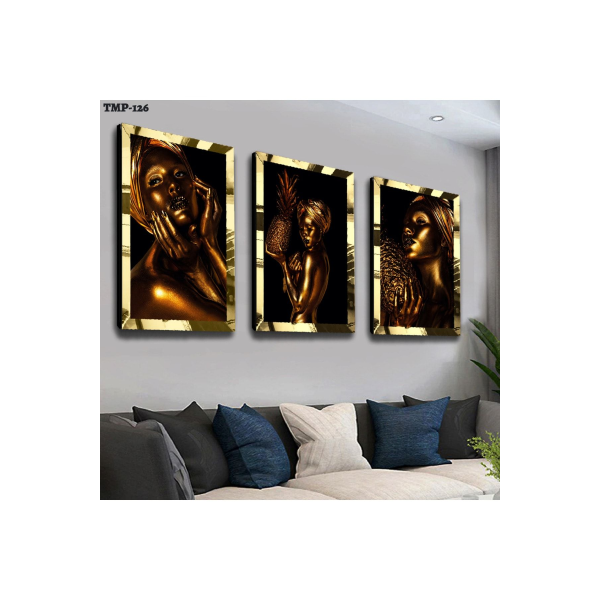 Gold Aynalı Pleksi Çerçeveli Altın Kız Üçlü Mdf Tablo Seti