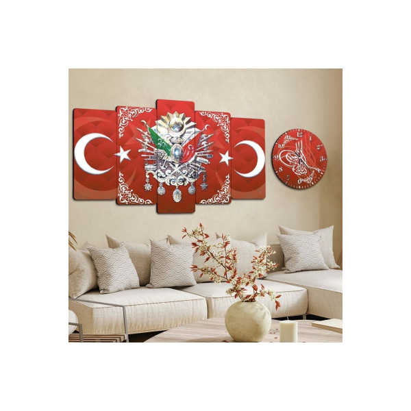Altılı Mdf Kırmızı Arka Planlı Beyaz Ay Yıldız Ve Osmanlı Tuğrası Saatli Tablo Seti