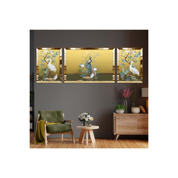 Gold Aynalı Pleksi Çerçeveli Üçlü Gold Arka Planlı Kuş Desenli Mdf Tablo Seti