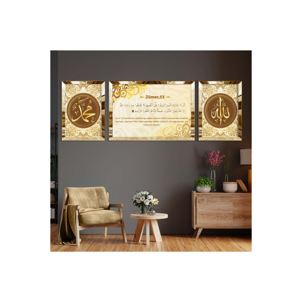 Gold Aynalı Pleksi Çerçeveli Üçlü Gold Arka Planlı Soyut Zümer Suresi Mdf Tablo Seti