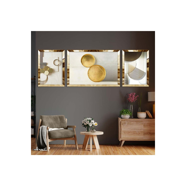 Gold Aynalı Pleksi Çerçeveli Üçlü Gri Ve Beyaz Arka Planlı Gold Desenli Mdf Tablo Seti