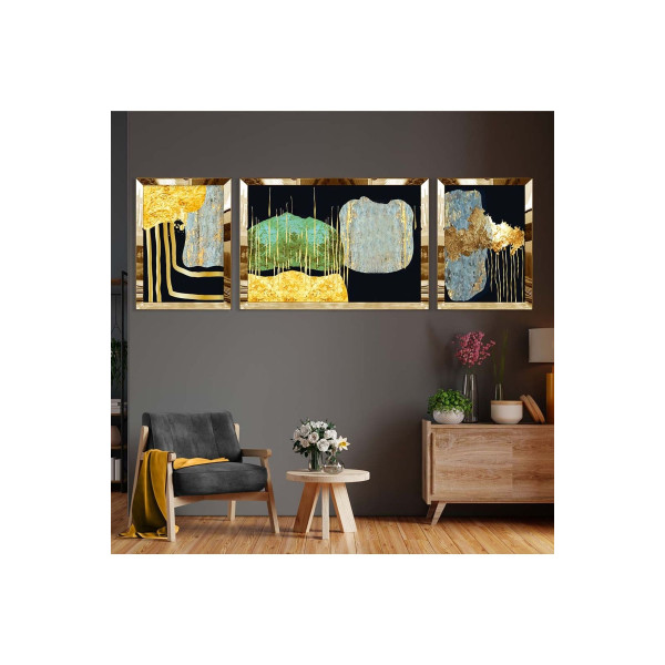 Gold Aynalı Pleksi Çerçeveli Üçlü Iskandinav Abstract Mdf Tablo Seti