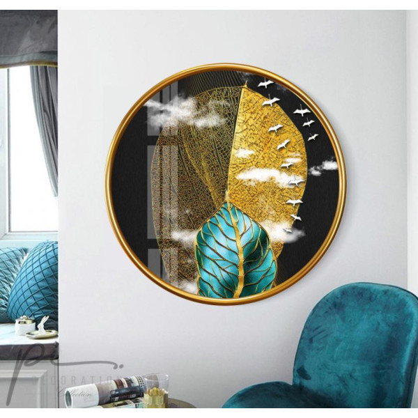 Gold Yapraklar Yuvarlak Cam Tablo